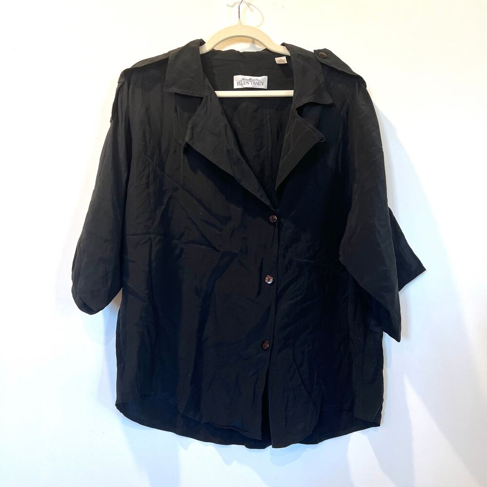 Vtg 90s Linda Allard Ellen Tracy 100% silk black collared blouse 14 capsule